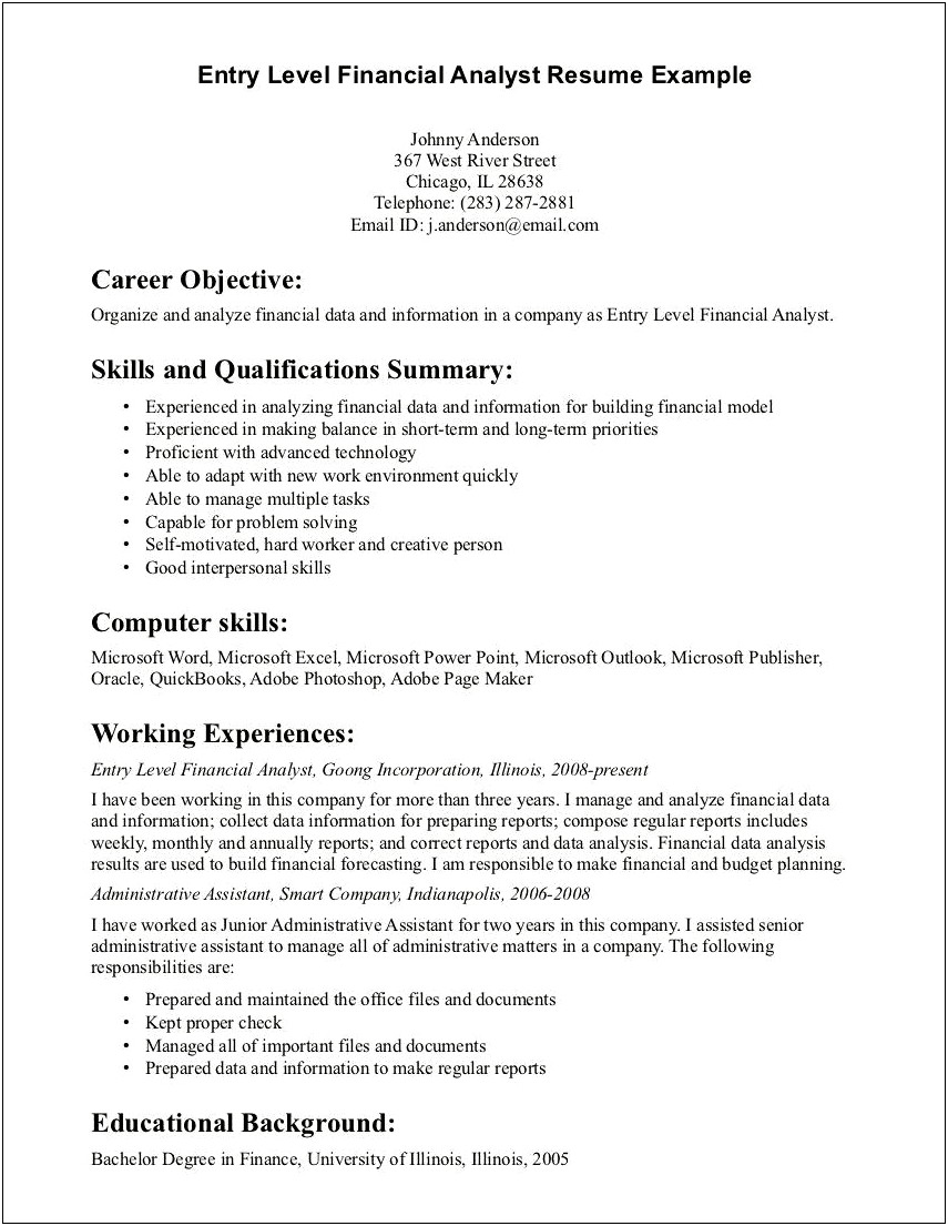 Good Resume Objective For Entry Level Bank