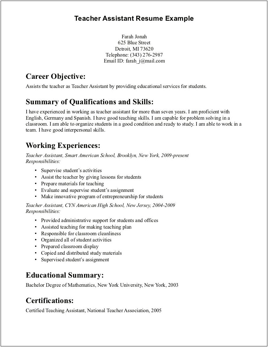 Good Resume Objective For Teaching Assistant