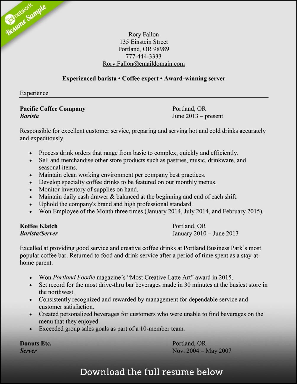 Good Resume Objectives For Barista