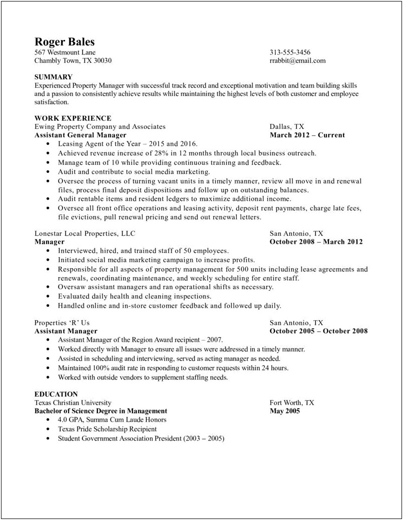 Good Resume Profile Examples For A Property Manager