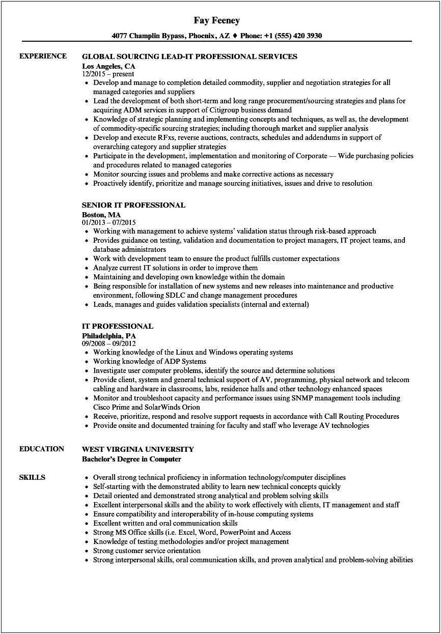 Good Resume Samples For It Professionals