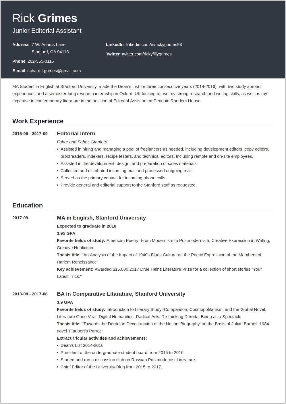 Good Resume Summary Examples For Students
