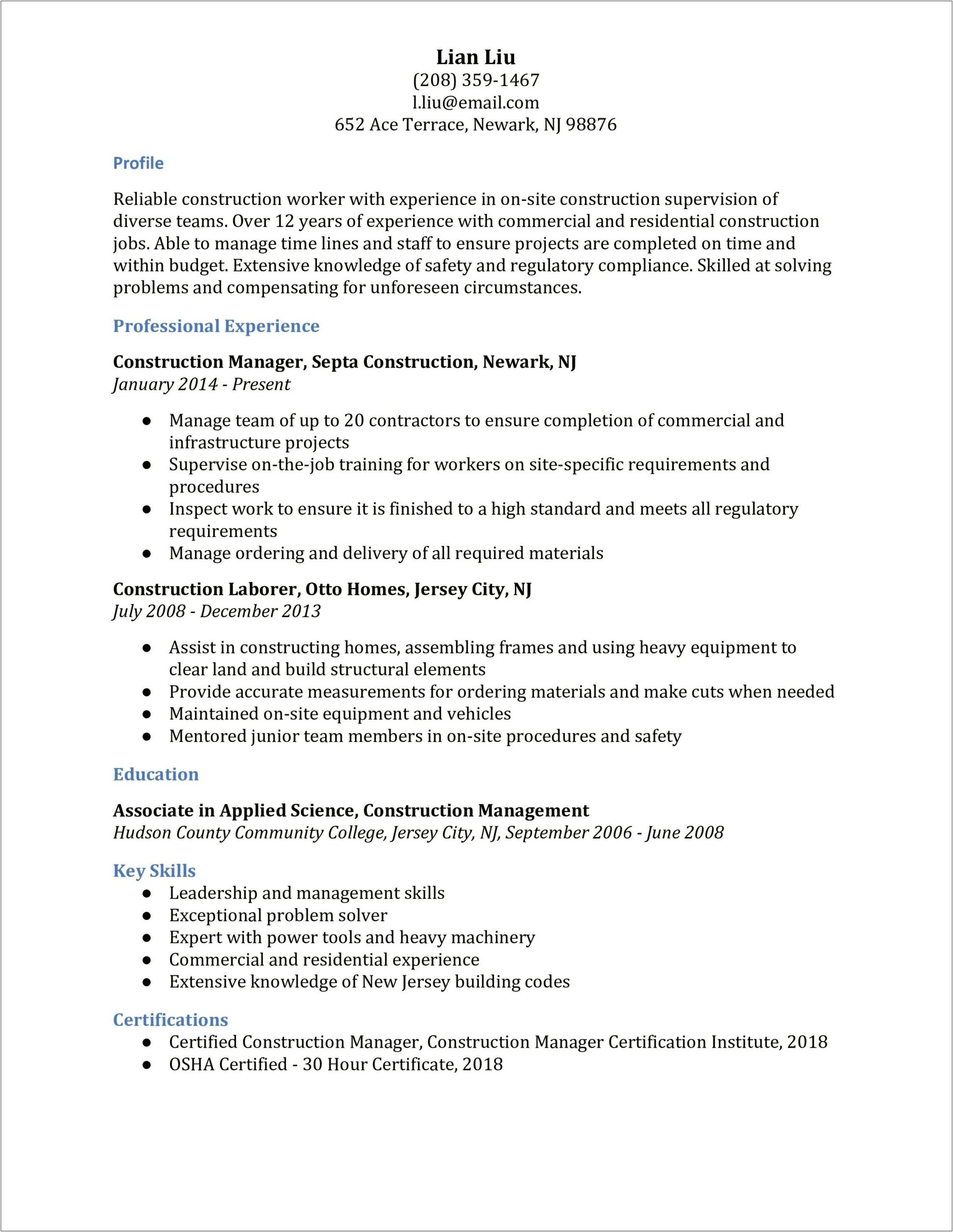 Good Resume Summary For Construction Worker