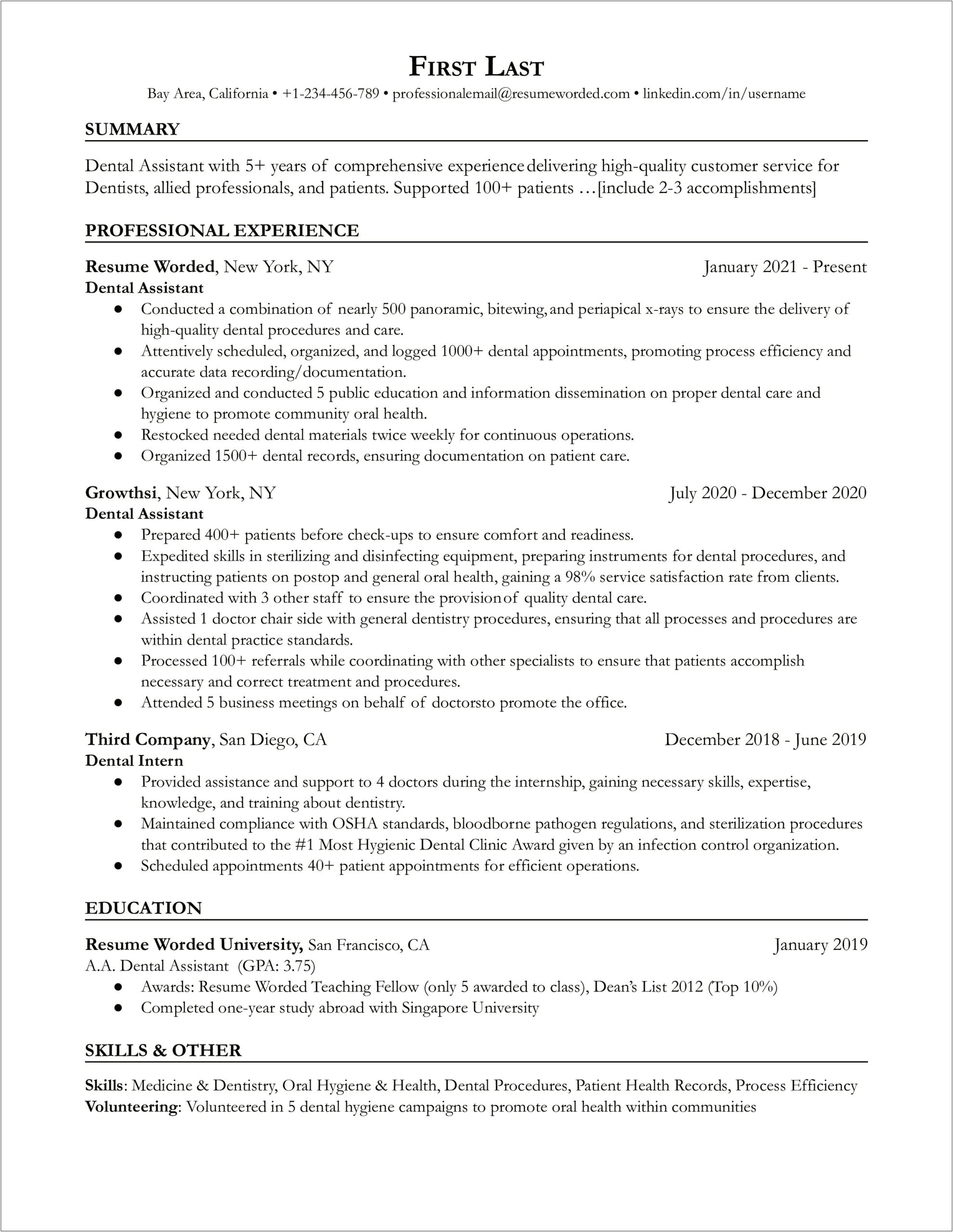 Good Resume Summary For Dental Assistant