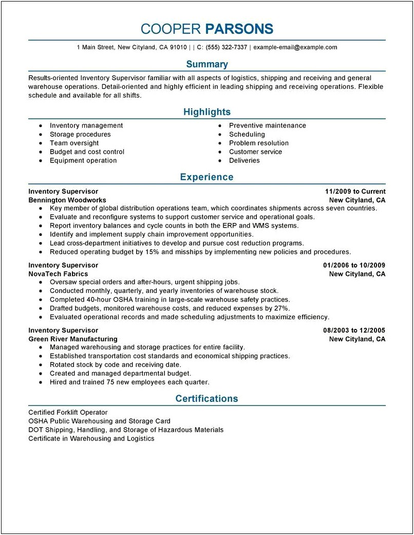 Good Resume Summary For Inventory Control