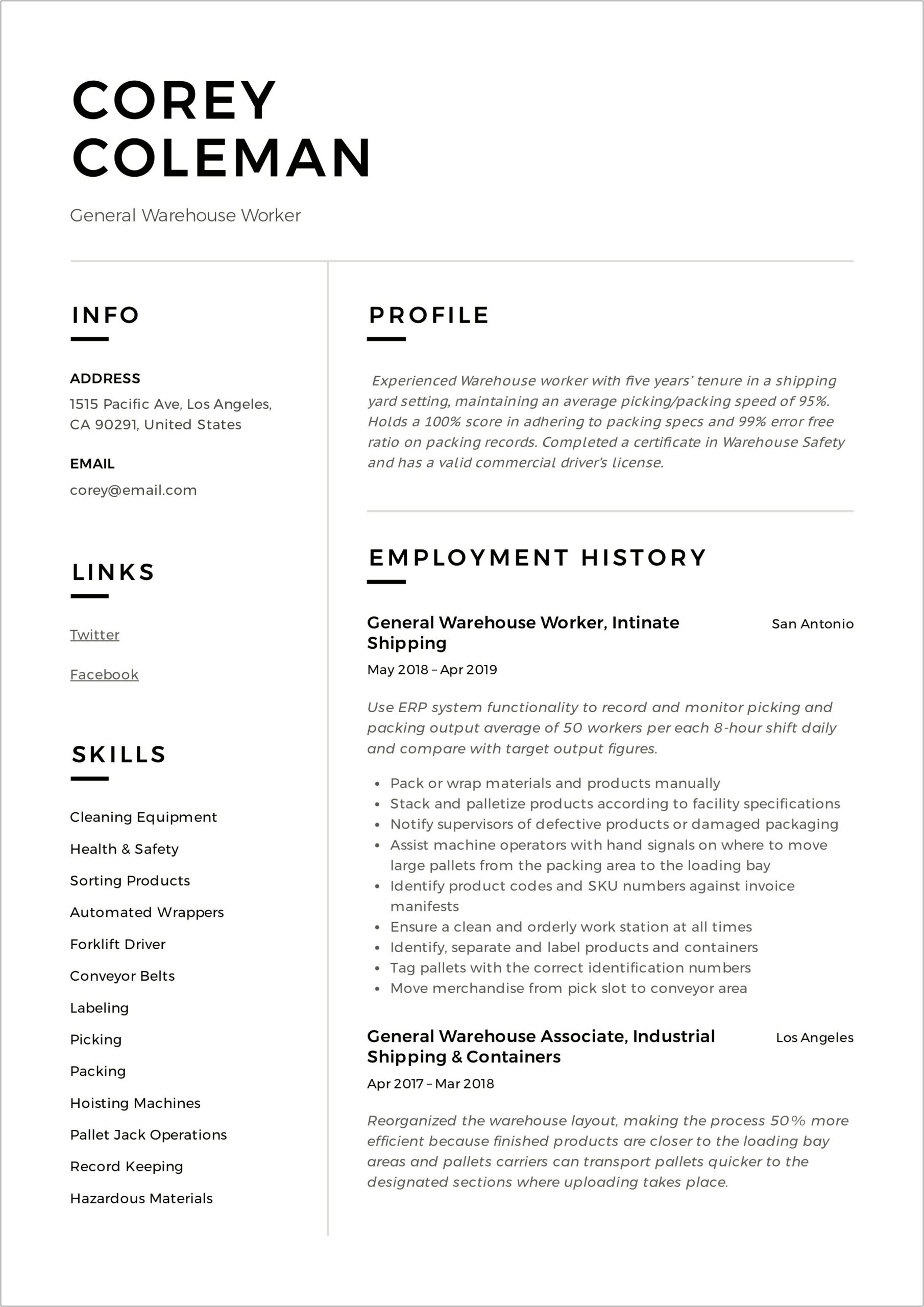 Good Resume Title For Warehouse Worker