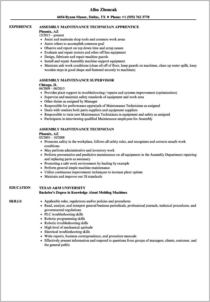 Good Skills To Put For A Mainteance Resume