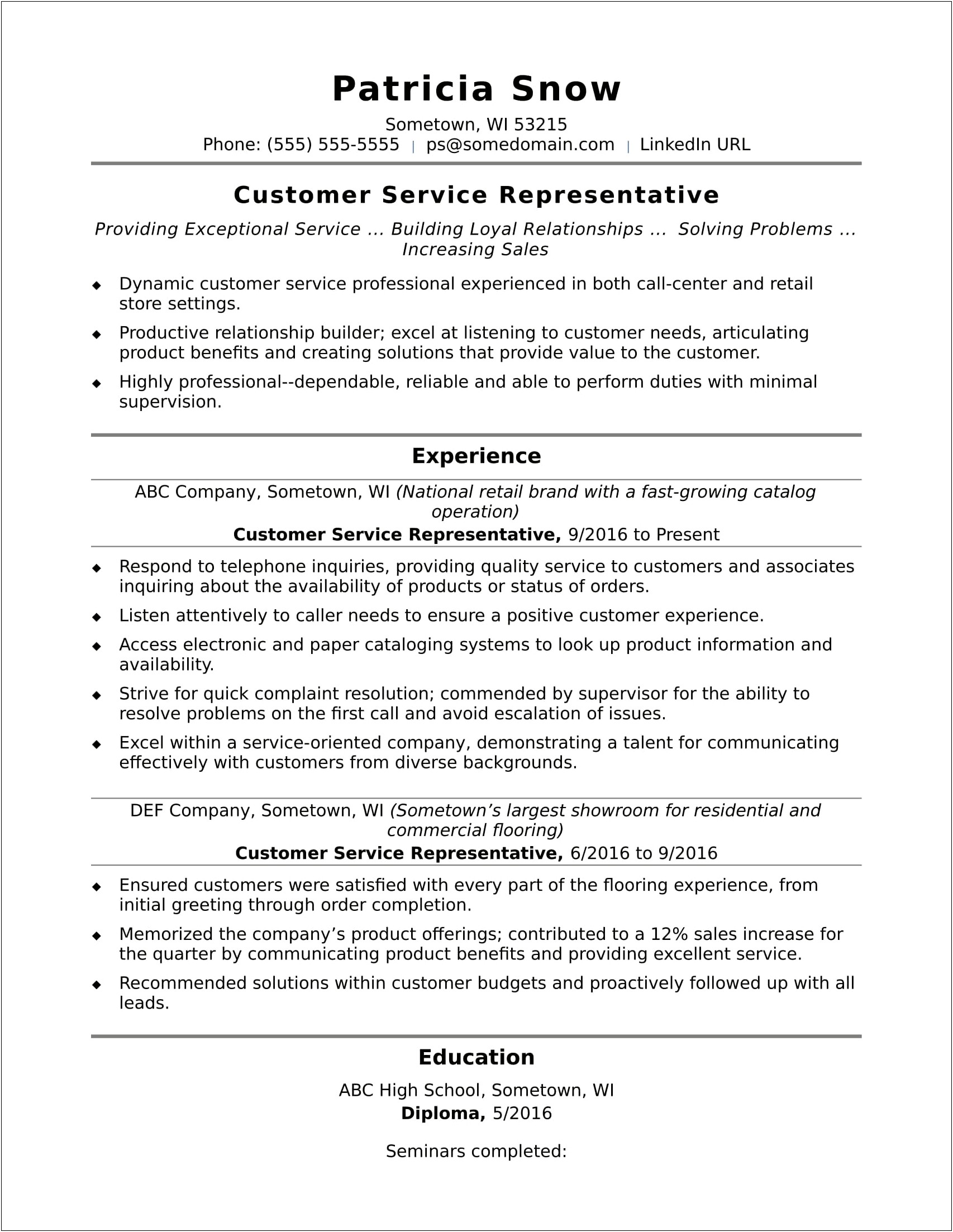 Good Summary For Resume Customer Service