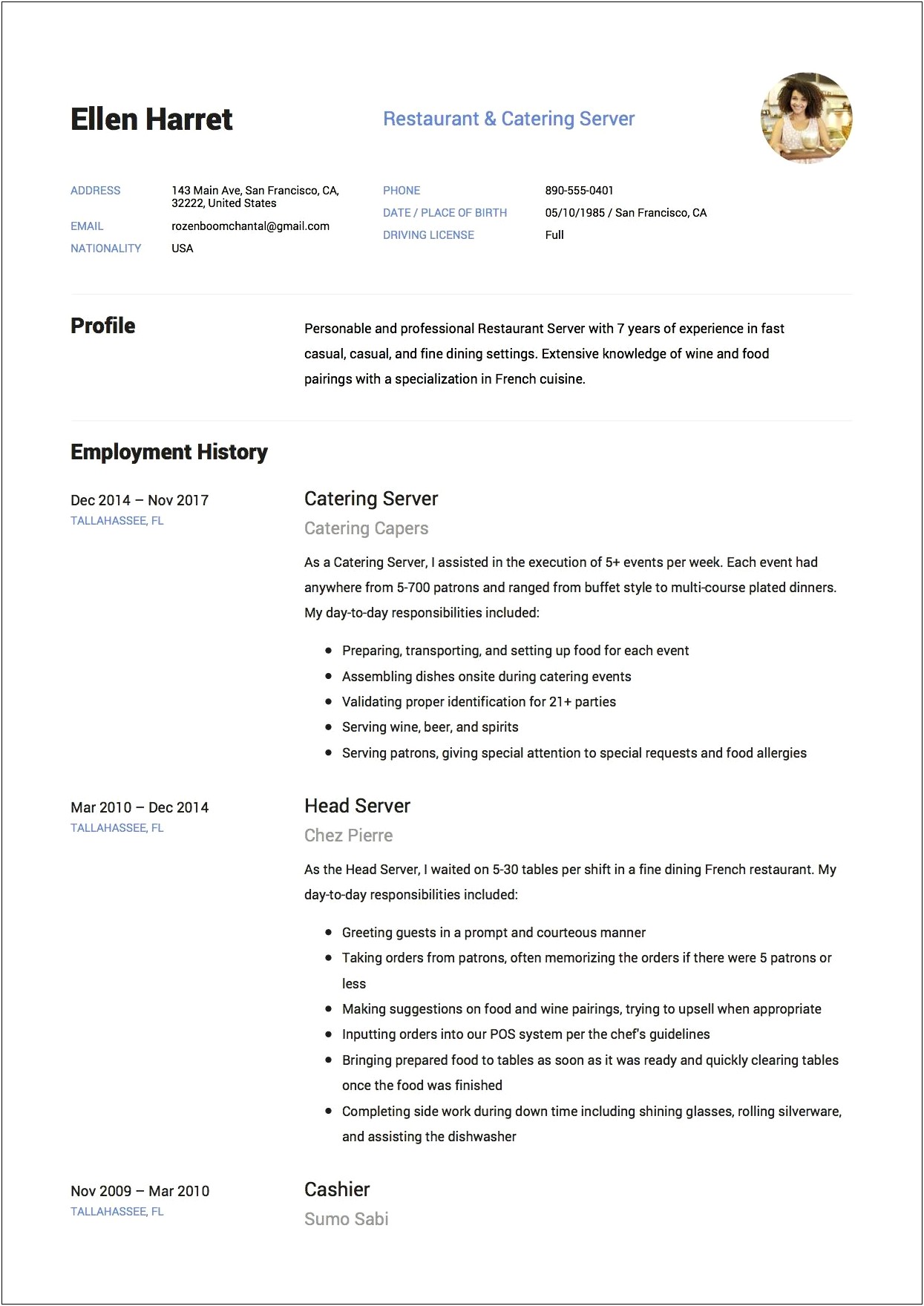 Good Things To Say On Serving Resume