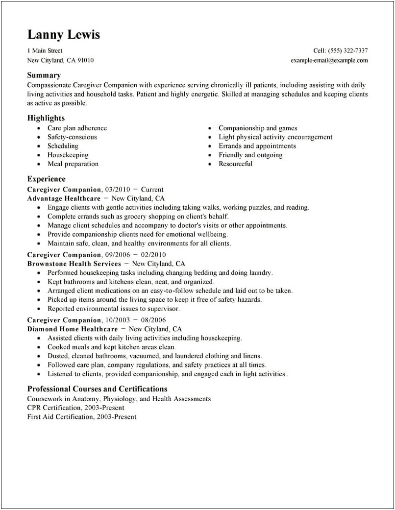 Good Words To Use On Resume For Caregiver