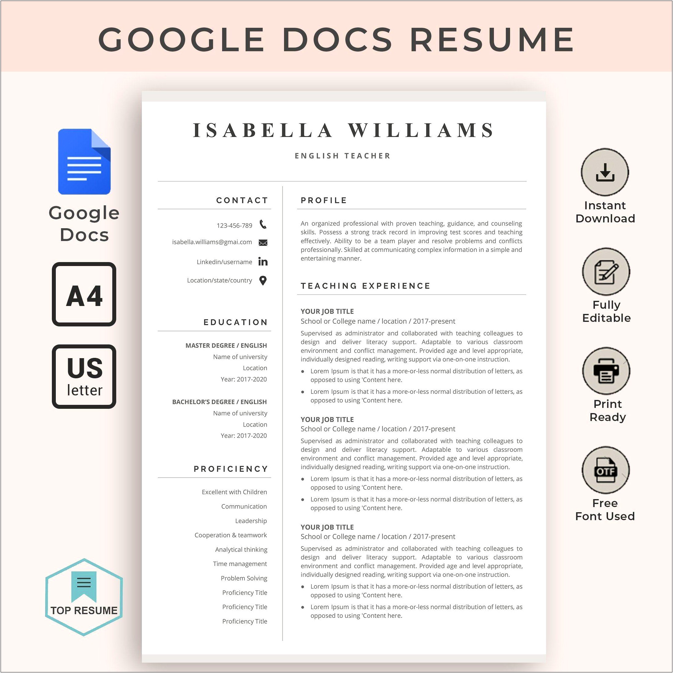 Google Docs Resume Template Skills