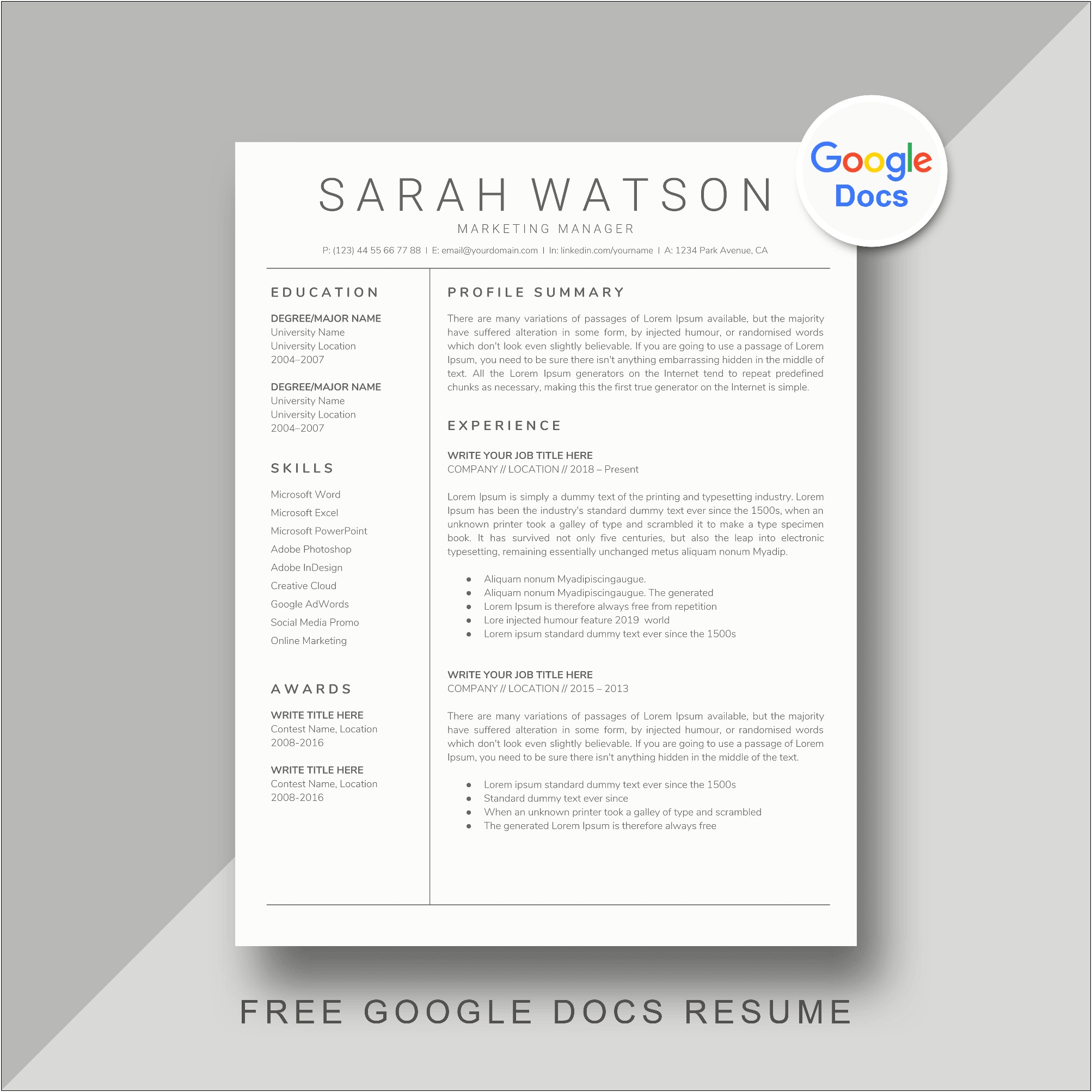 Google Docs Swiss Resume Example