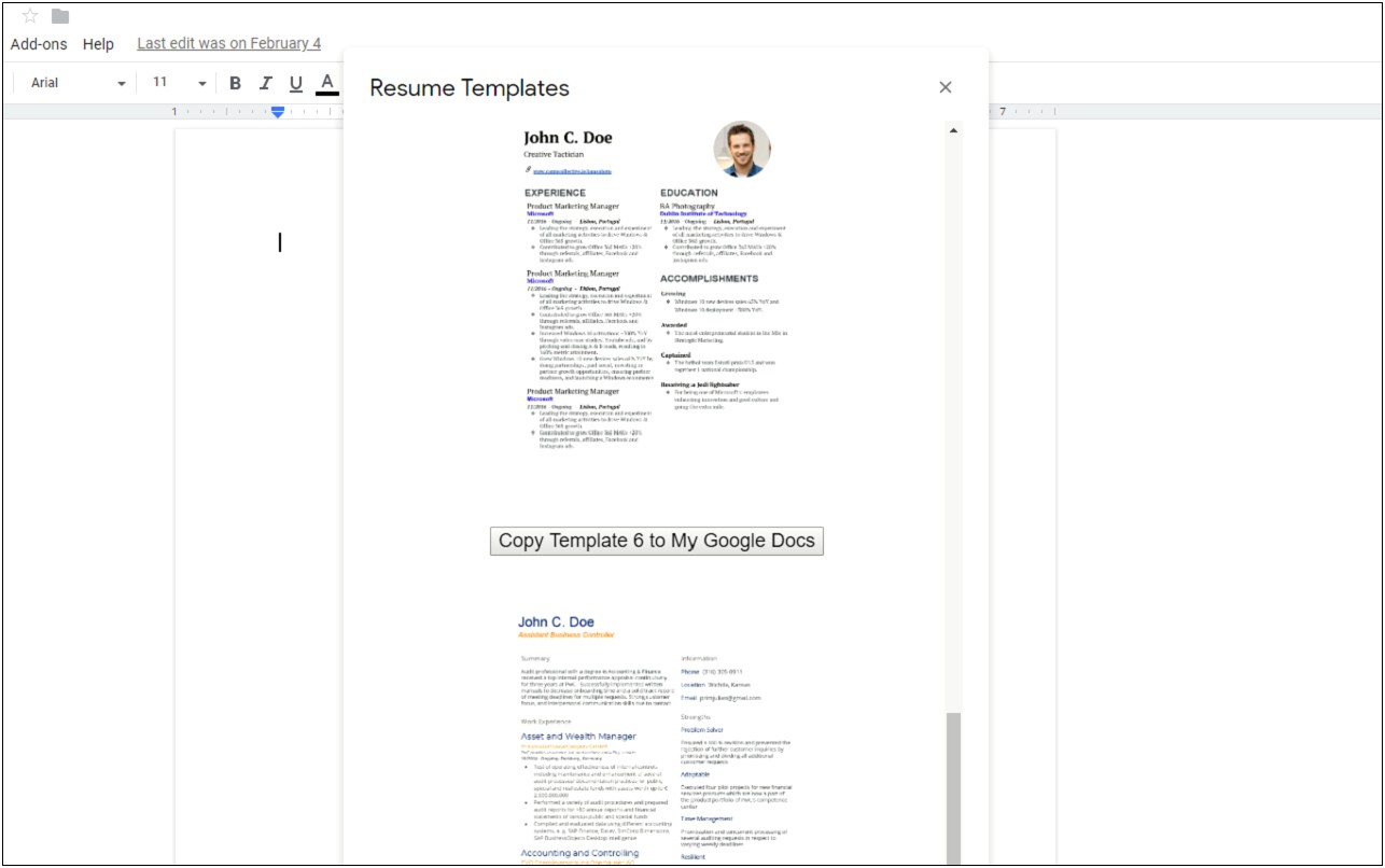 Google Docs Web Developer Resume Template