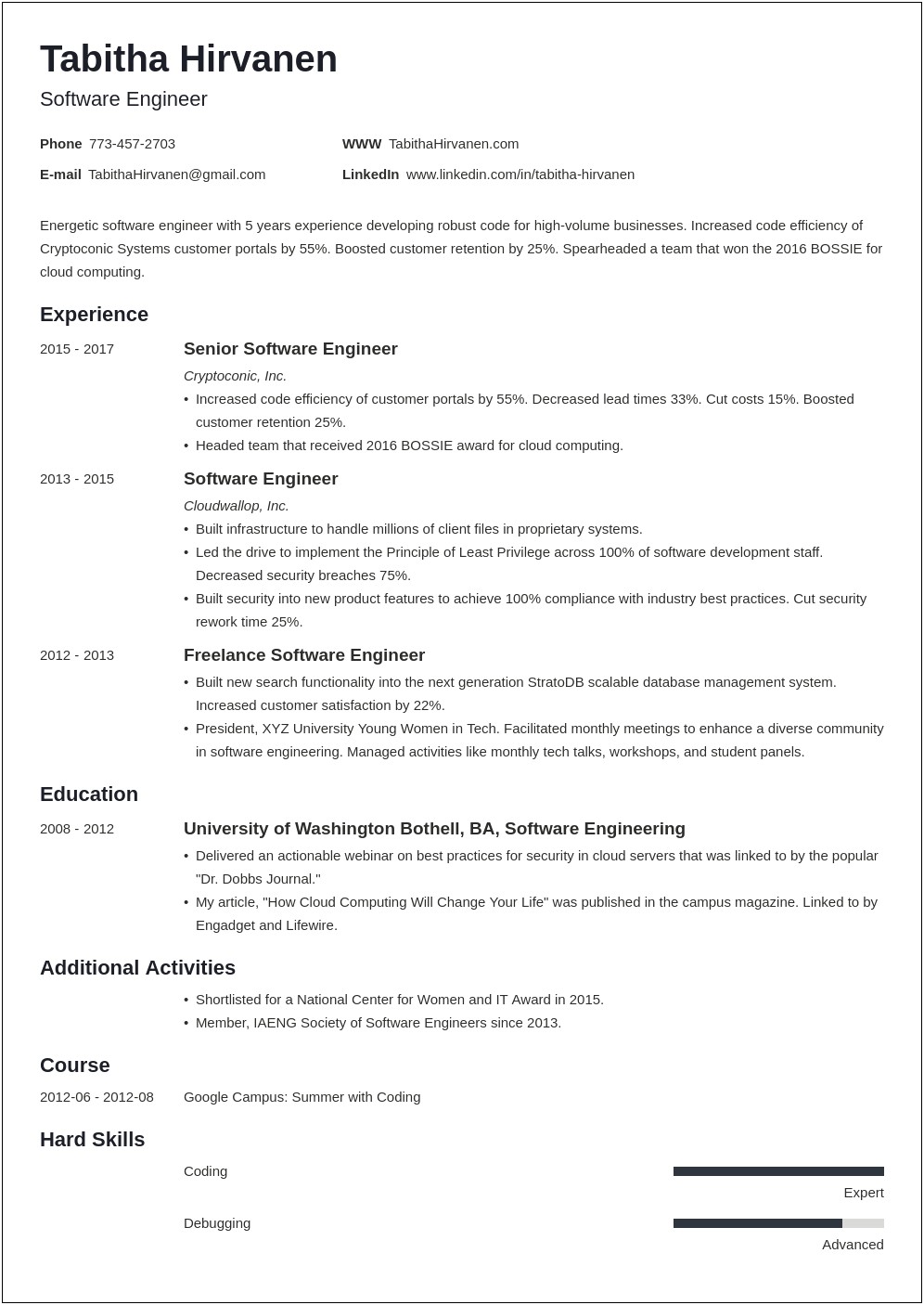 Google Software Engineer Sample Resume