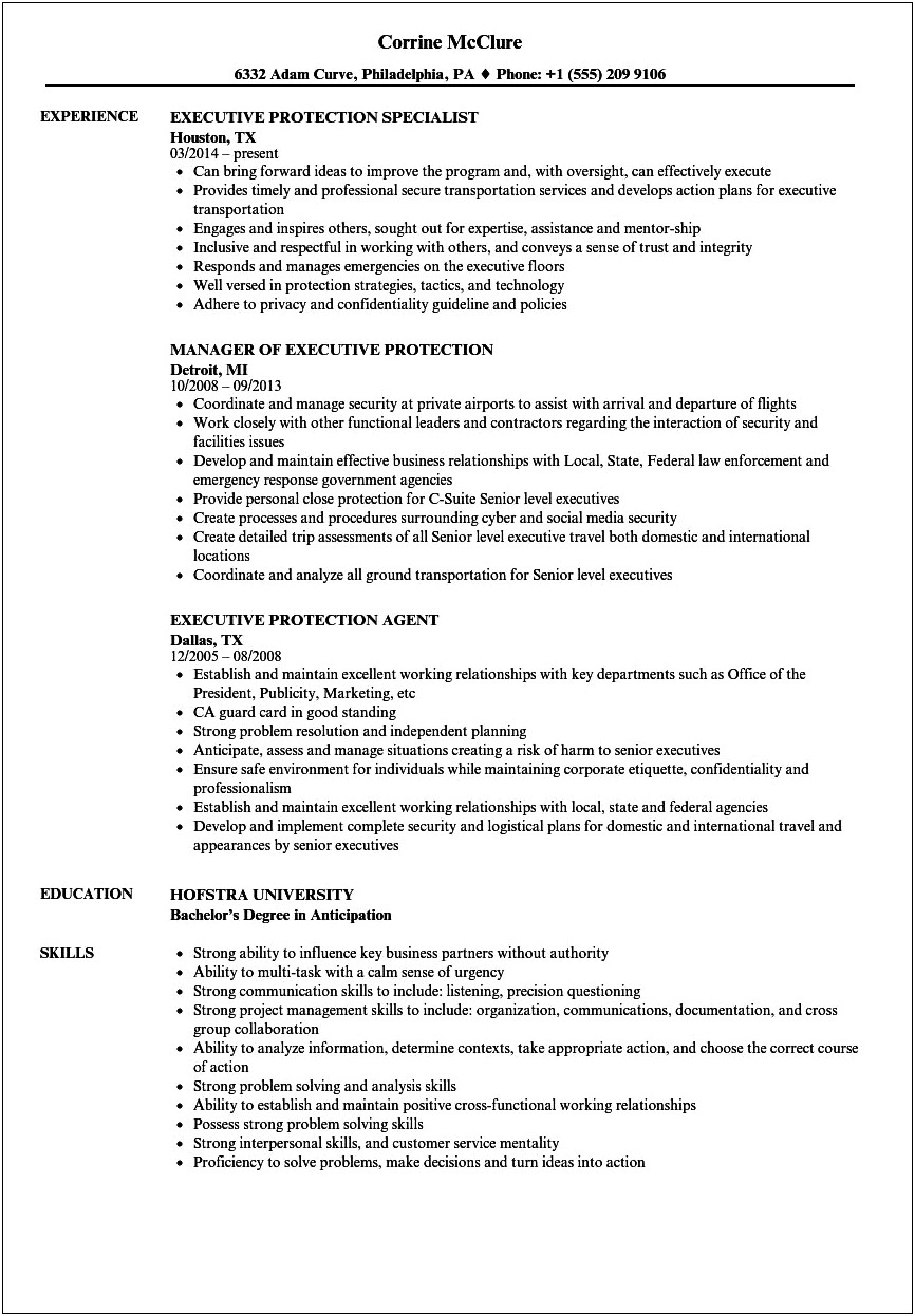 Governal Body Guuard Resume Example