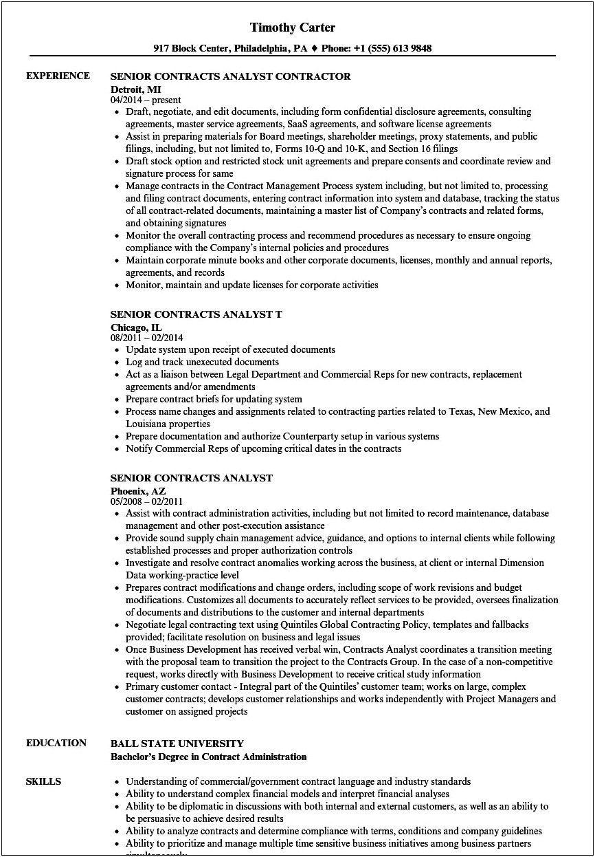 Government Contractor Job Resume Examples