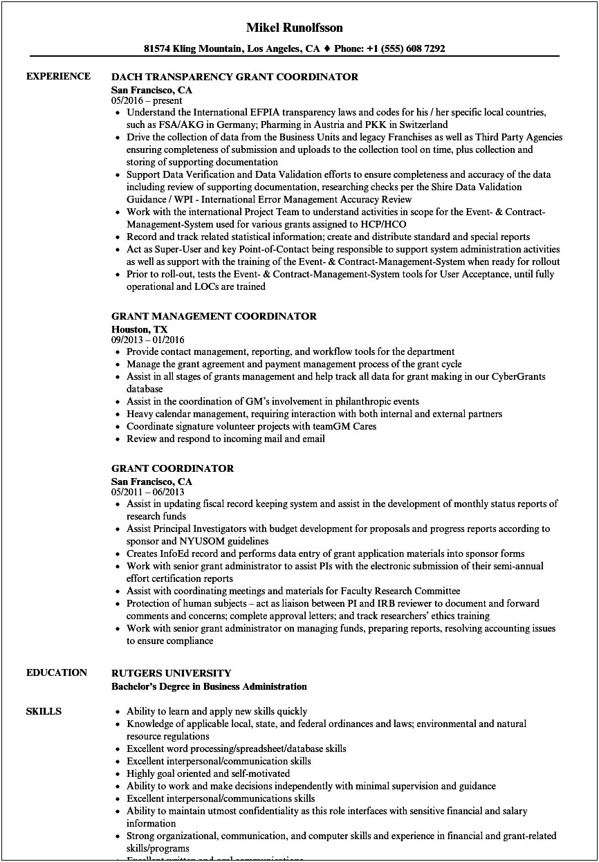 Grant Writing And Management Resume