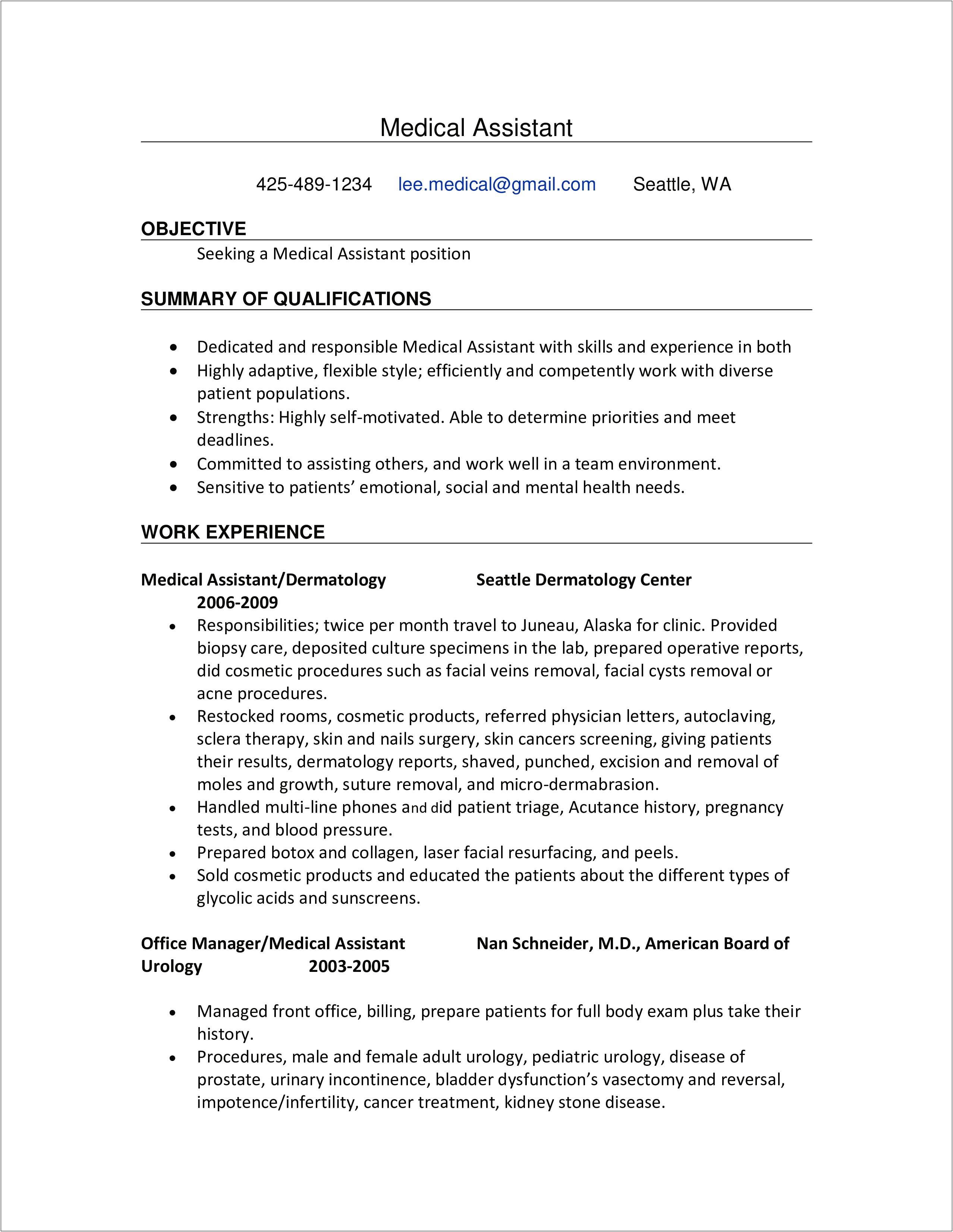 Great Objective Medical Assistant Resume