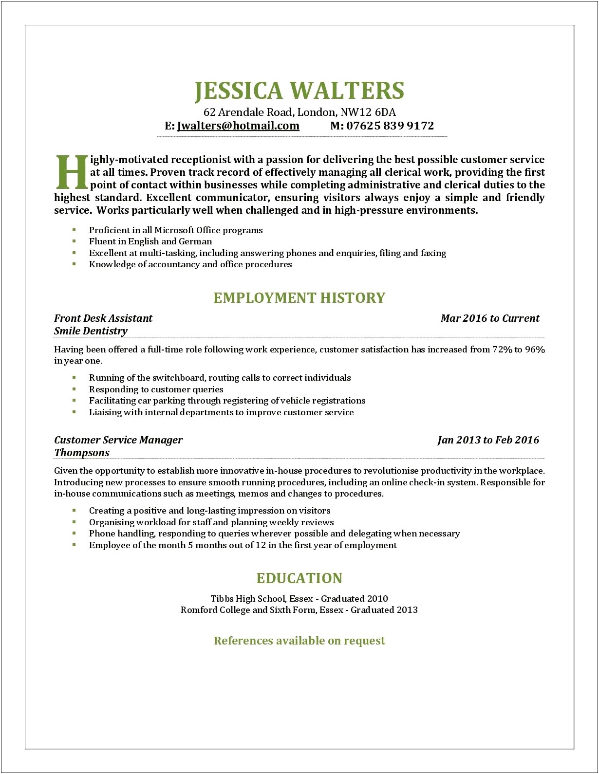Great Resume Objective For A Receptionist