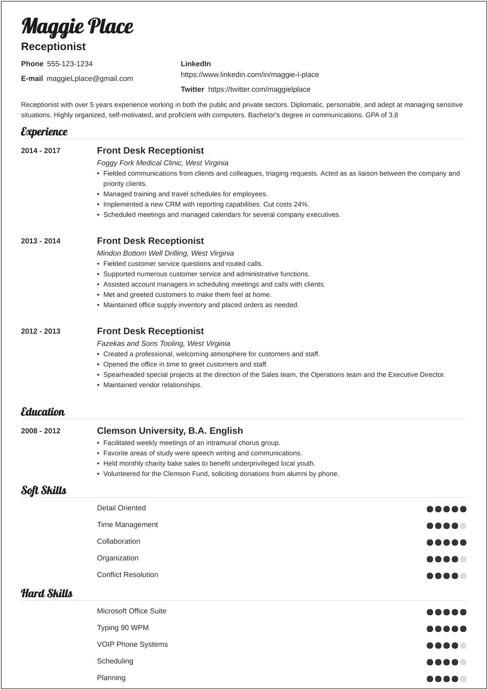 Great Worker Skills For Receptionist On Resume
