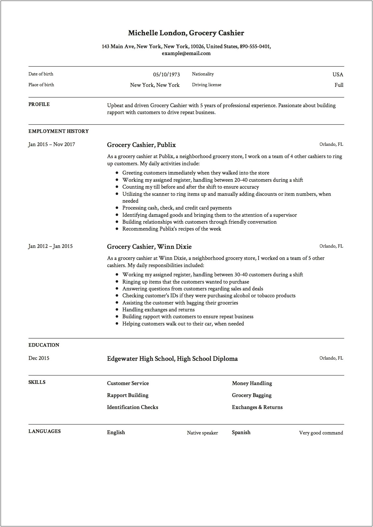 Grocery Store Bagger Resume Example