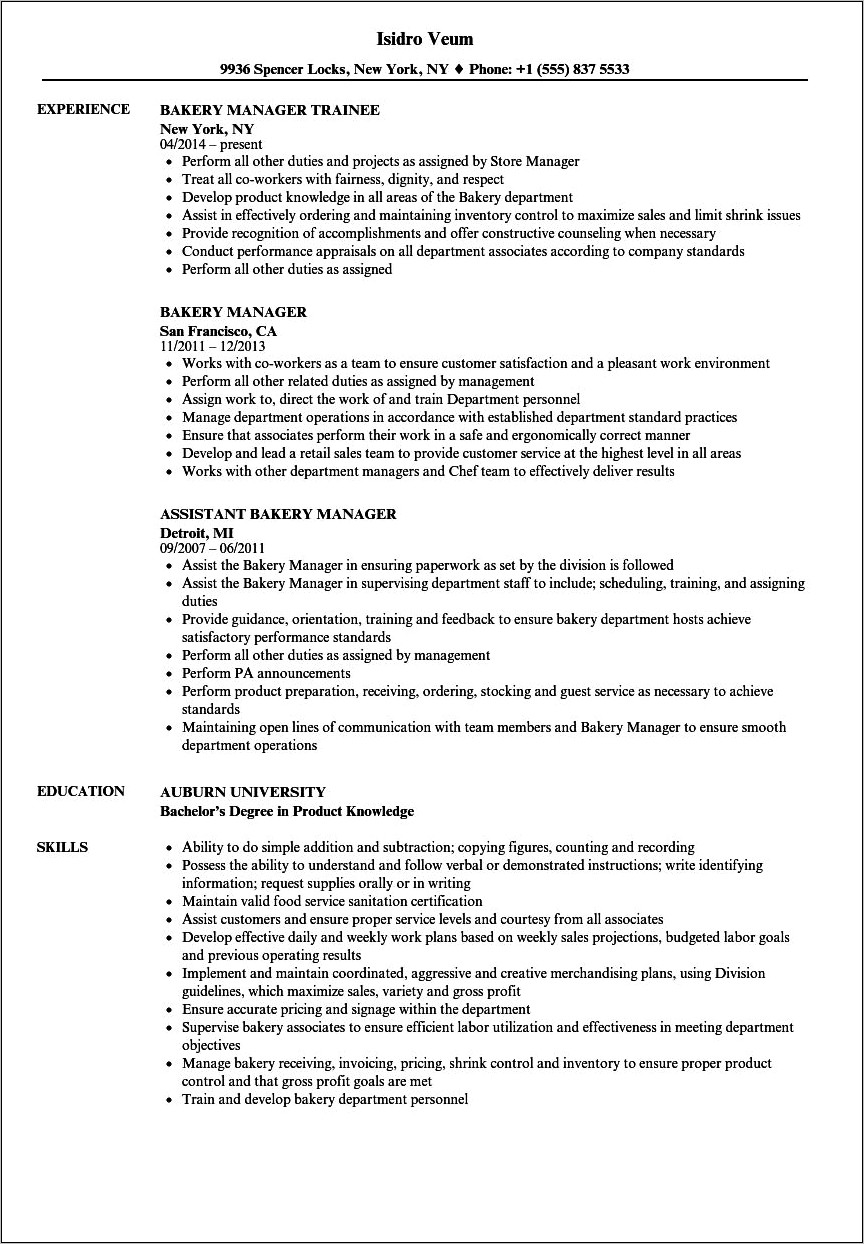 Grocery Store Bakery Manager Resume