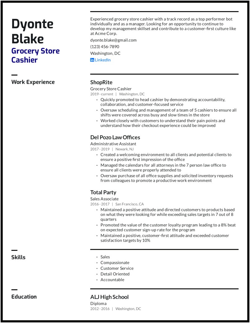Grocery Store Cashier Experience In A Resume