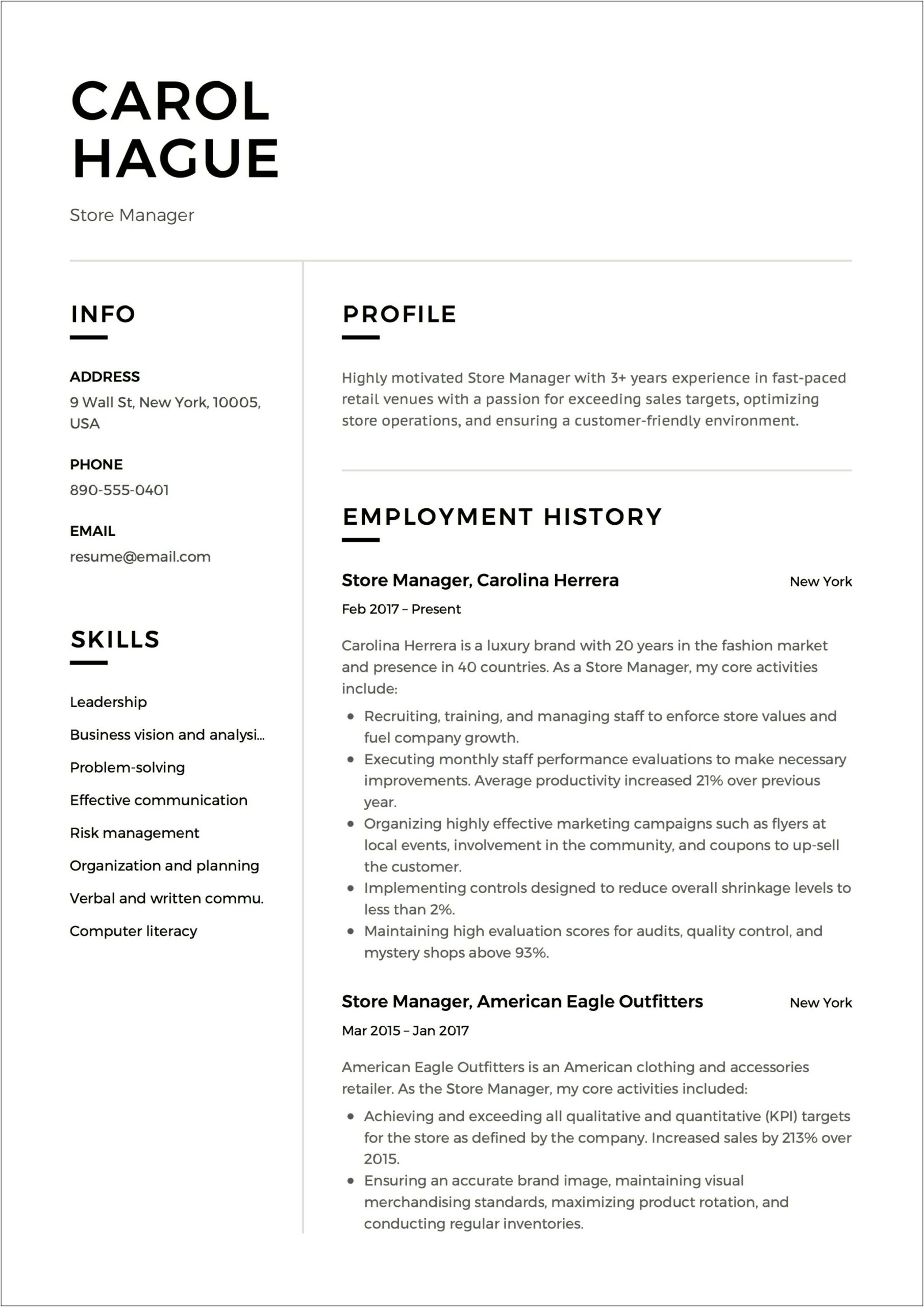 Grocery Store Manager Duties For Resume