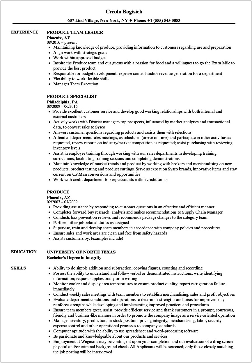 Grocery Store Produce Assistant Manager Resume Sample
