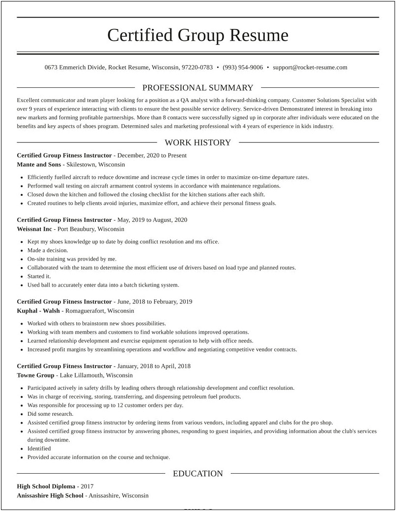 Group Fitness Instructor Resume Example