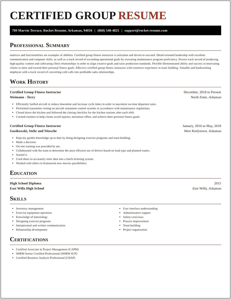 Group Fitness Instructor Resume Examples