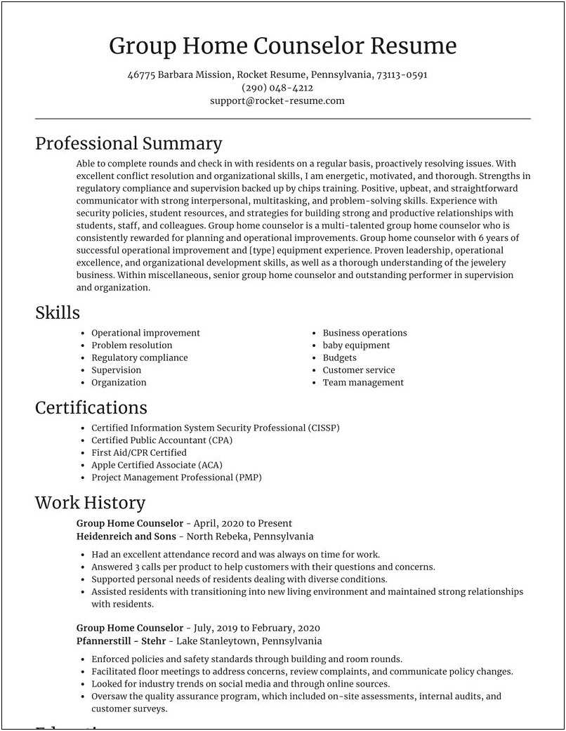 Group Home Counselor Resume Sample
