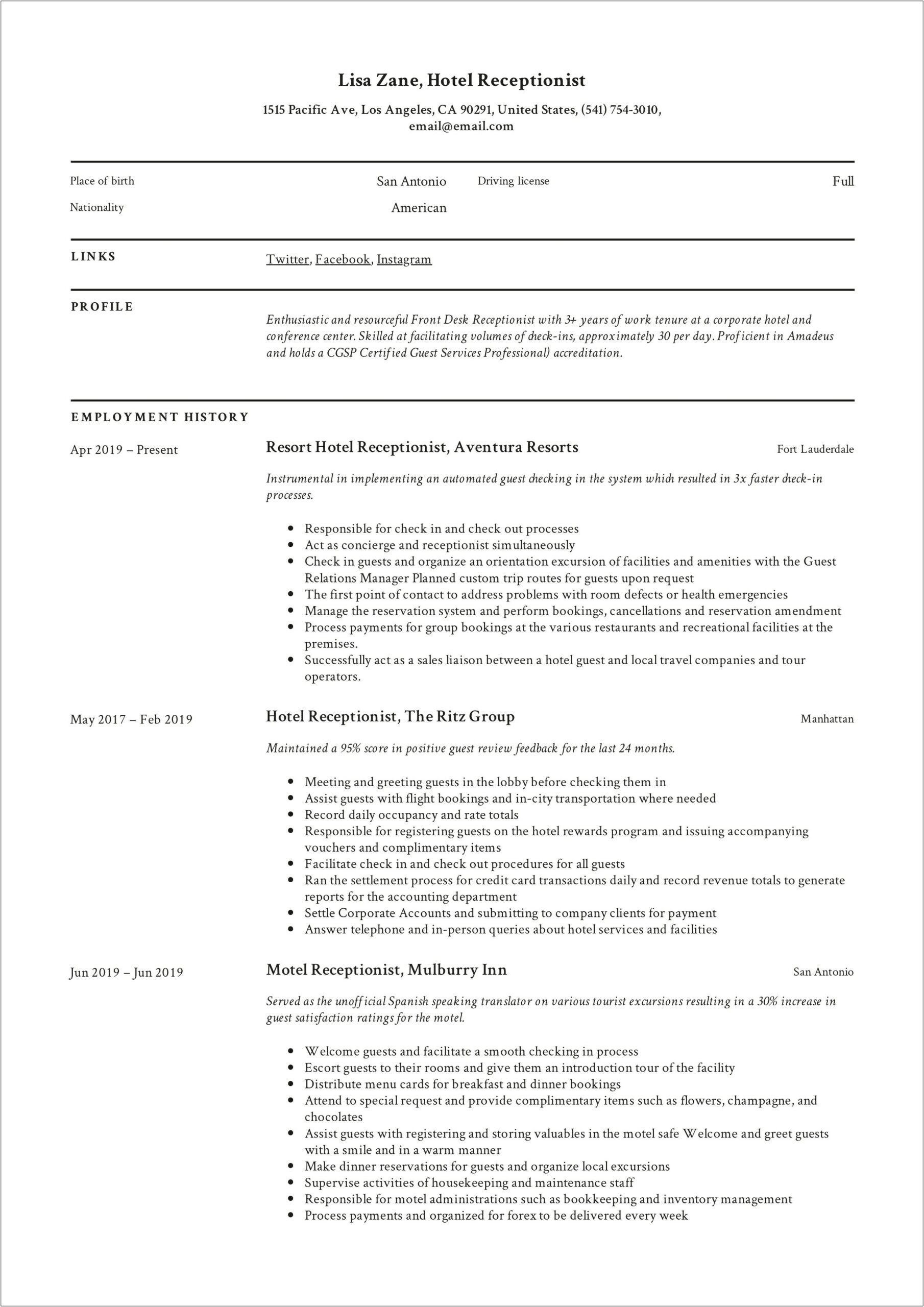 Guest Service Job Description Resume