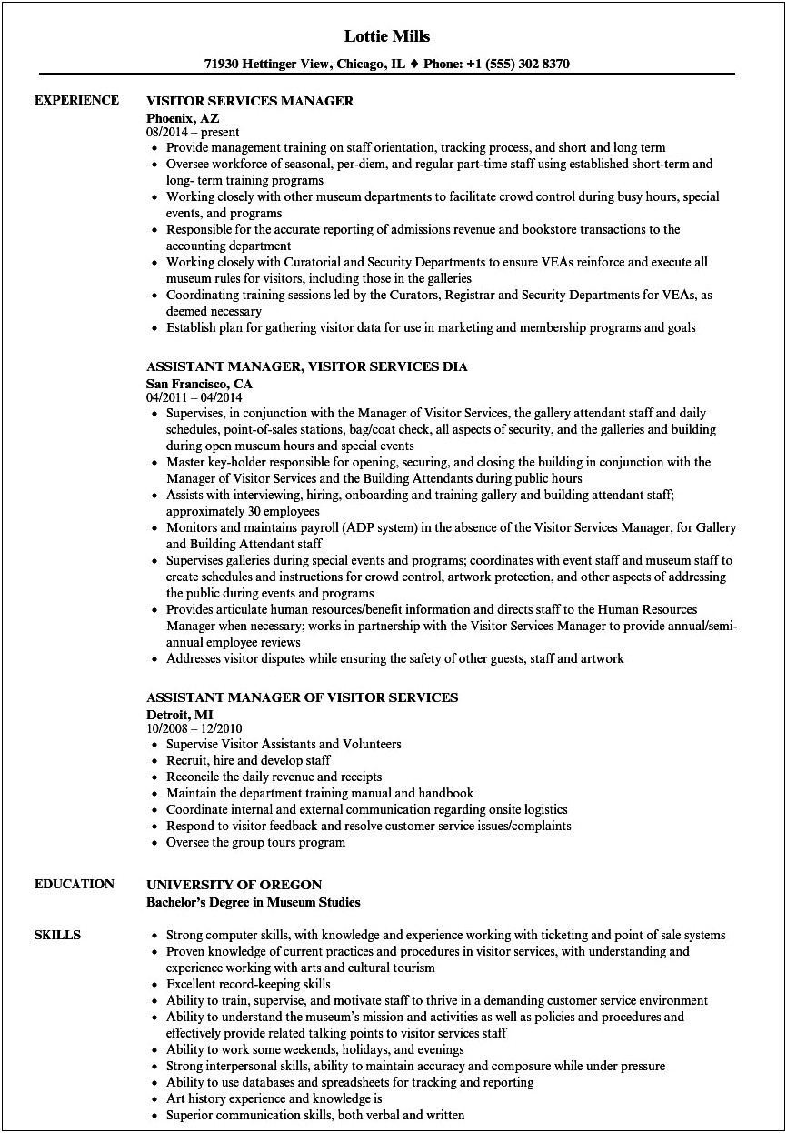 Guest Services Manager Job Description Resume