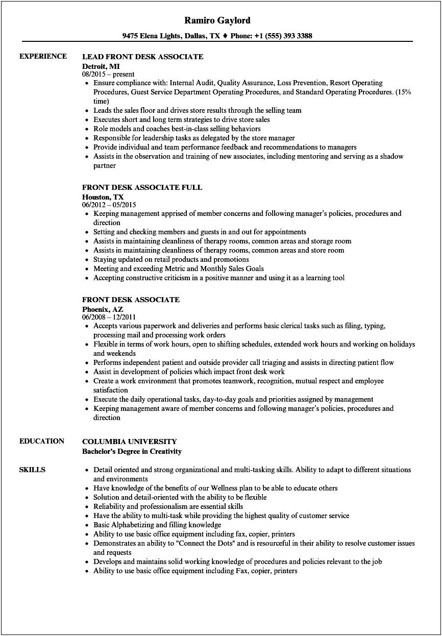 Gym Front Desk Job Description Resume