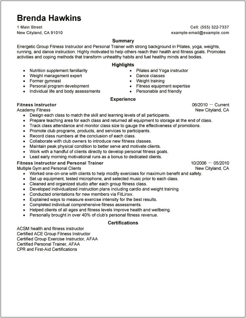 Gym Representative Job Description Resume