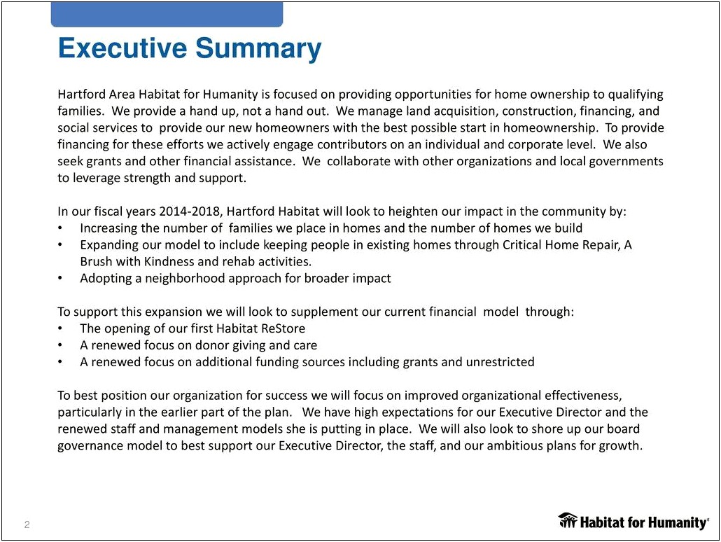 Habitat For Humanity Executive Director Resume Summary