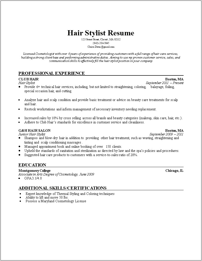 Hair Salon Receptionist Resume Sample