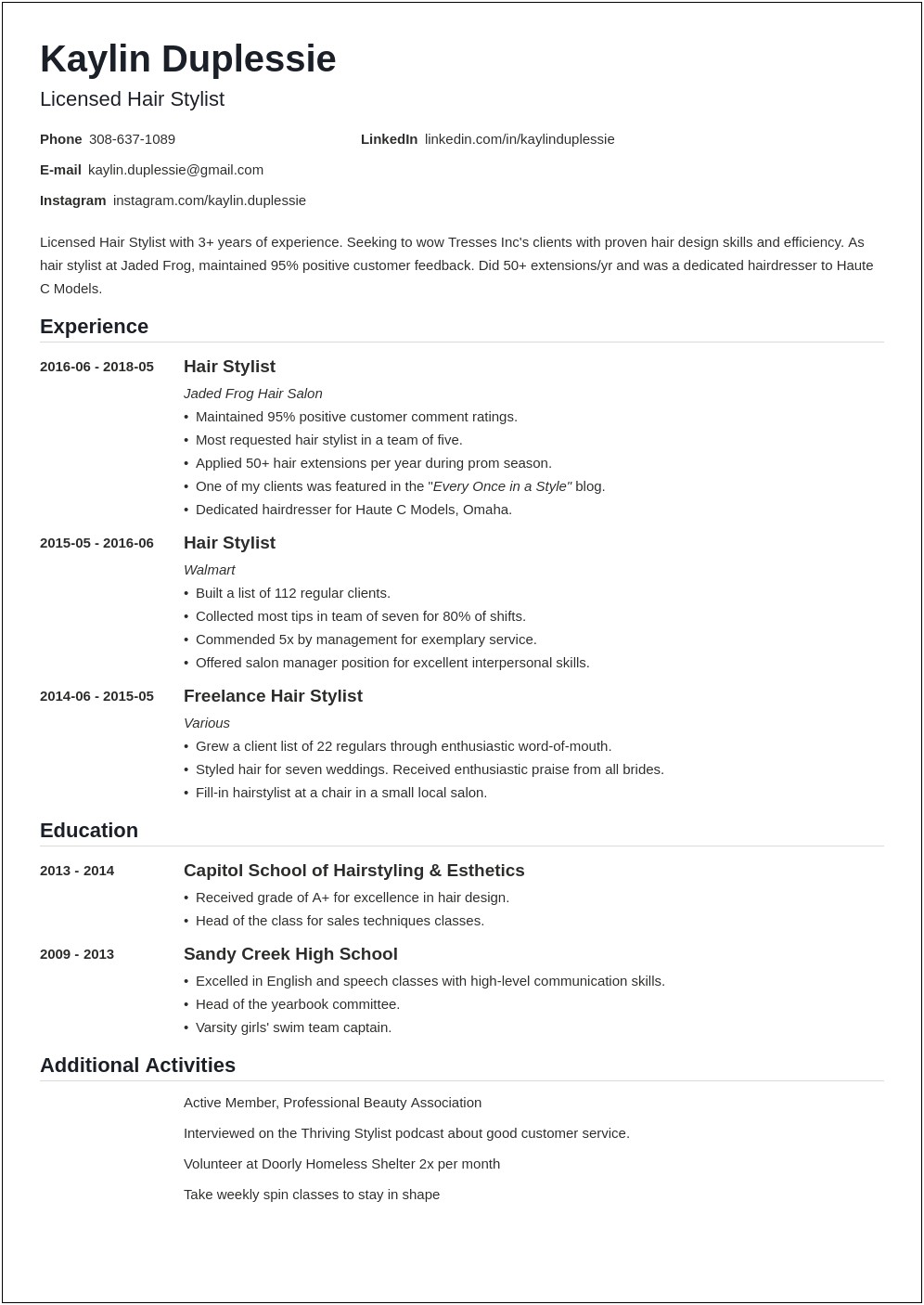 Hairdresser Resume Examples Client Fidelity
