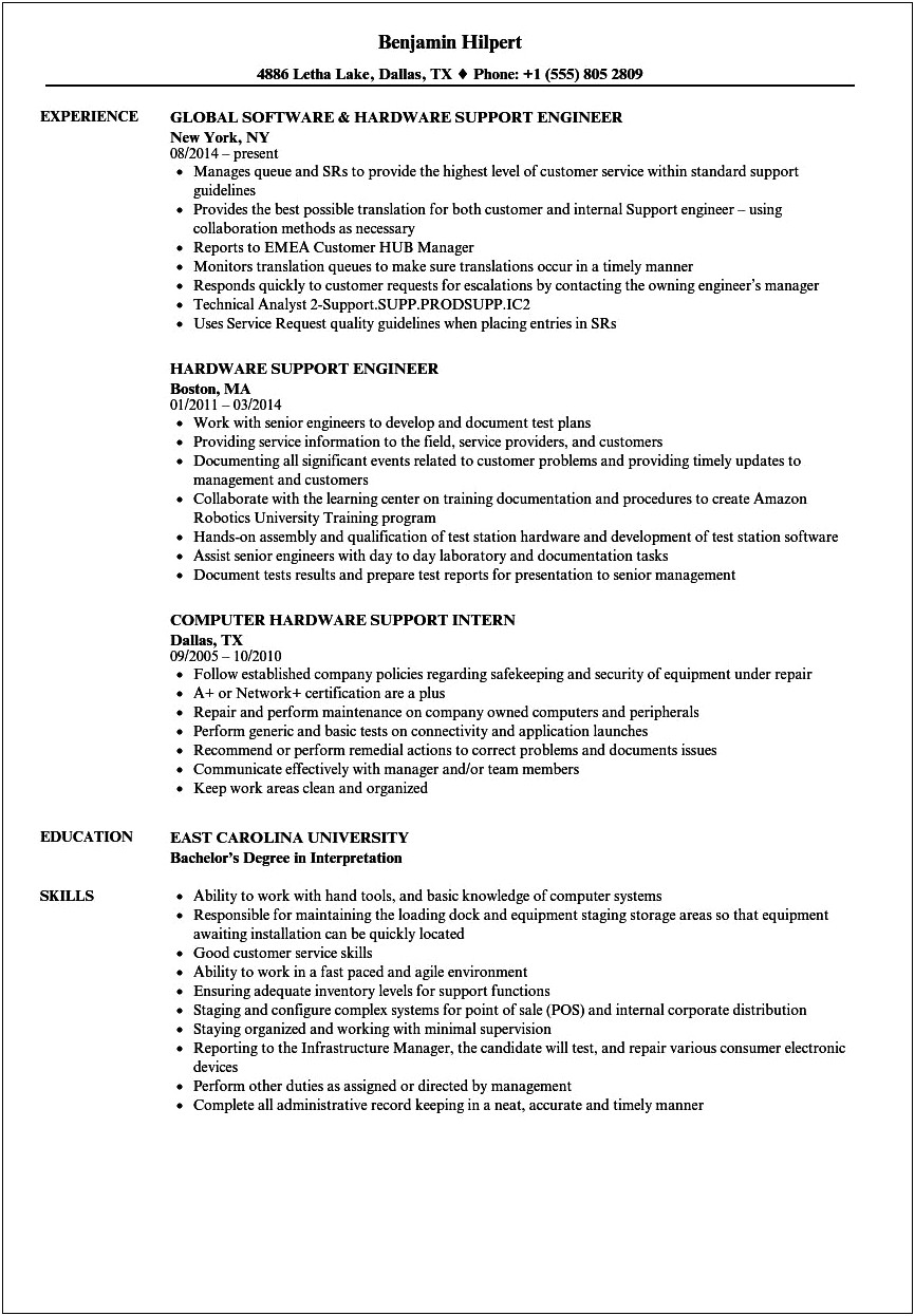 Hardware And Networking Resume Samples For Freshers