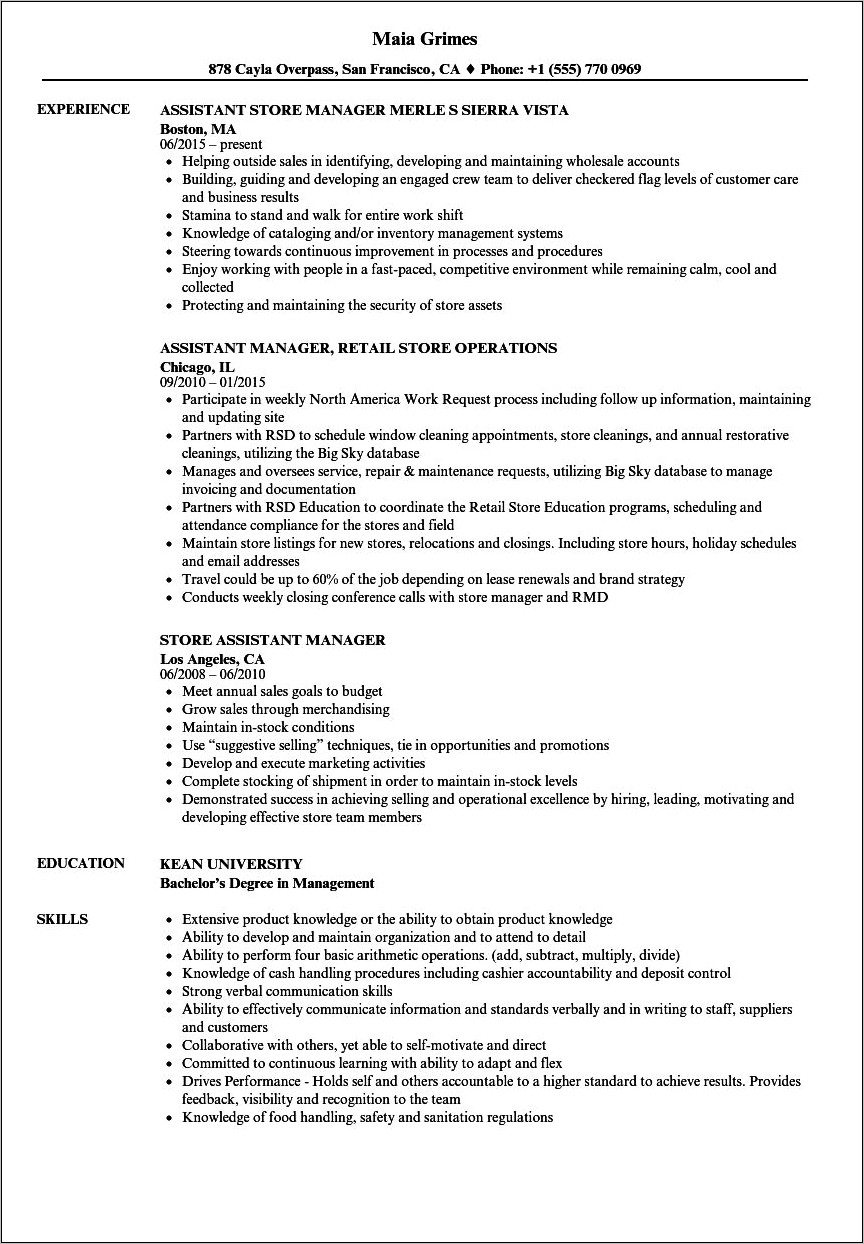 Hardware Store Assistant Manager Resume