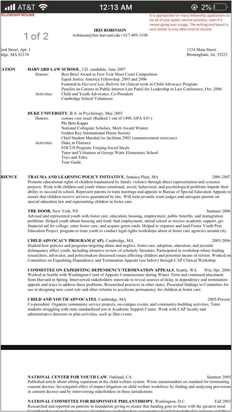 Harvard Law School Application Sample Resume