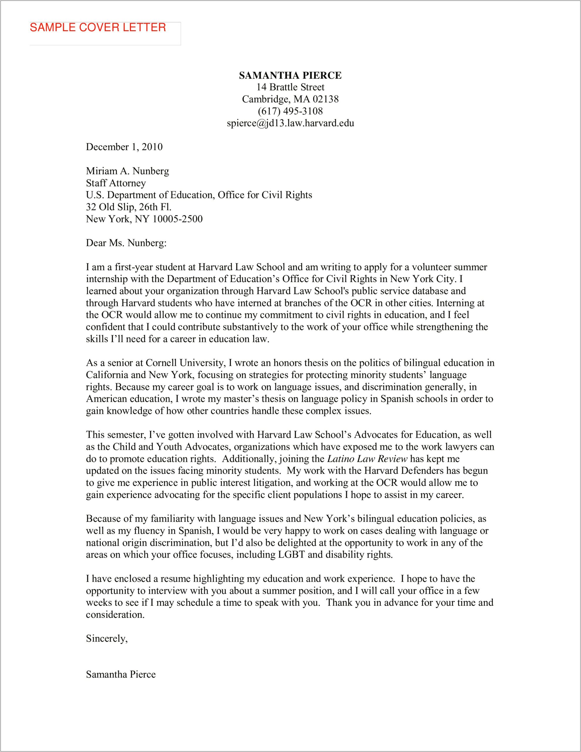 Harvard Law School Resume Cover Letter