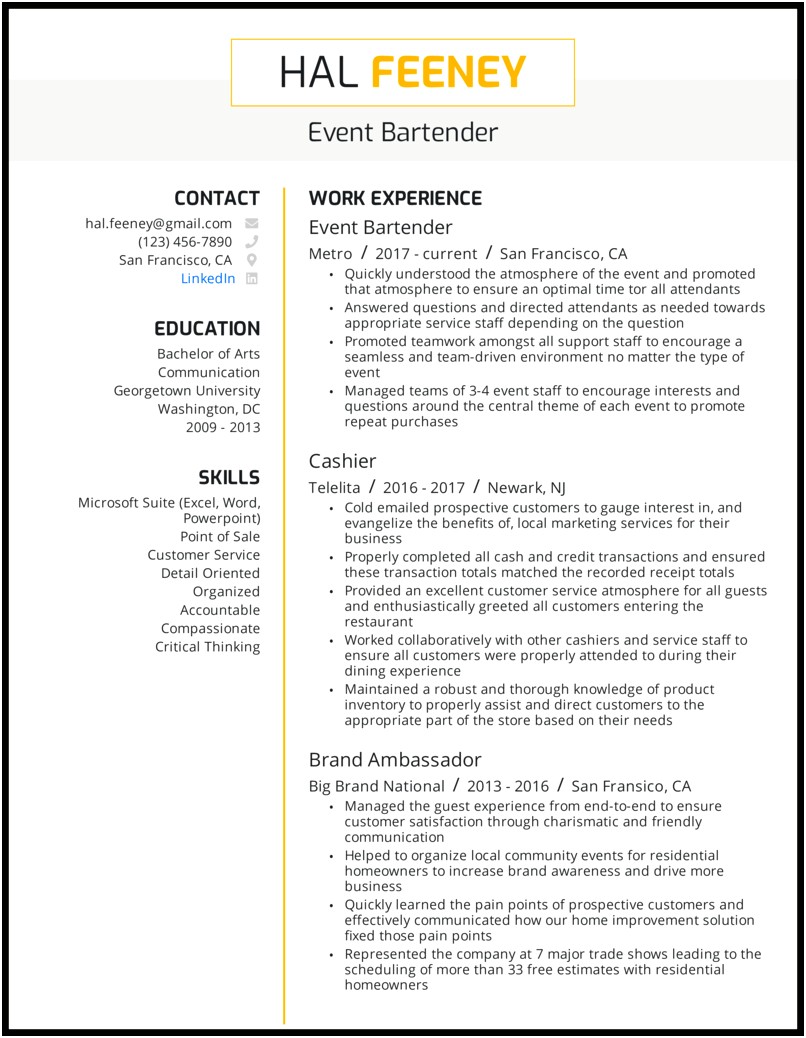 Head Bartender Sample Resume Objective