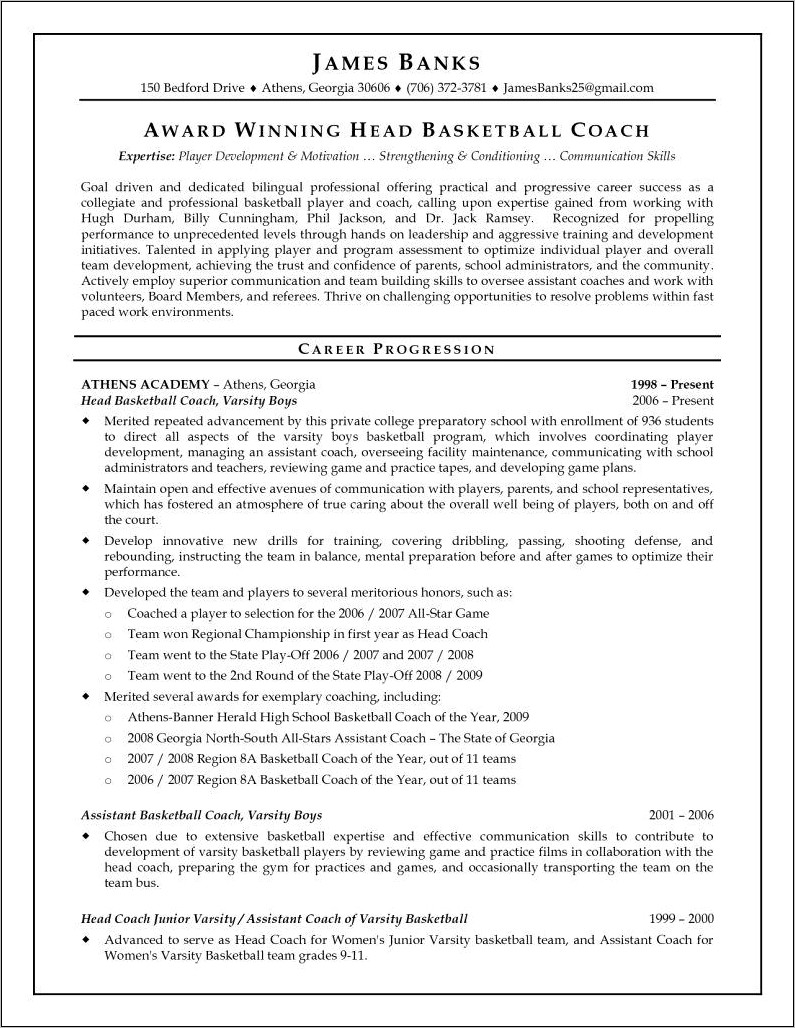 Head Basketball Coach Objective Resume