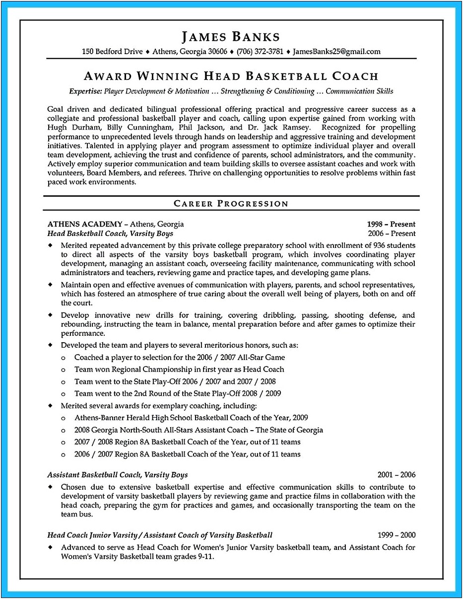 Head Basketball Coach Resume Examples