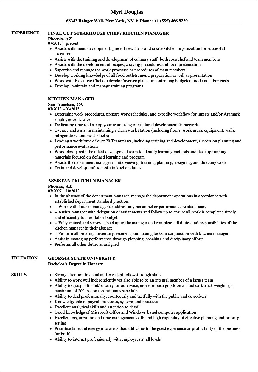 Head Chef Kitchen Manager Resume Examples