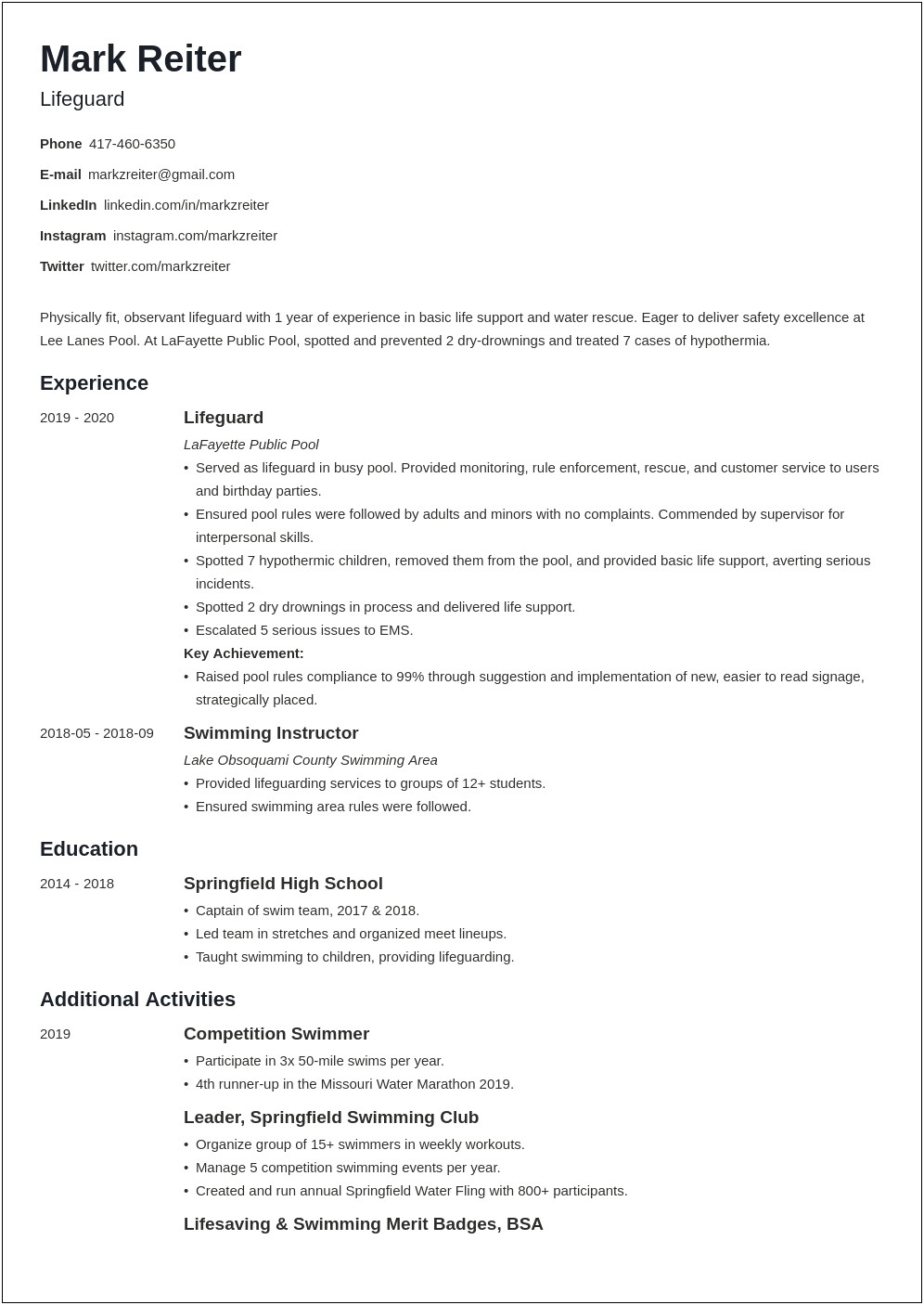 Head Lifeguard Job Description Resume