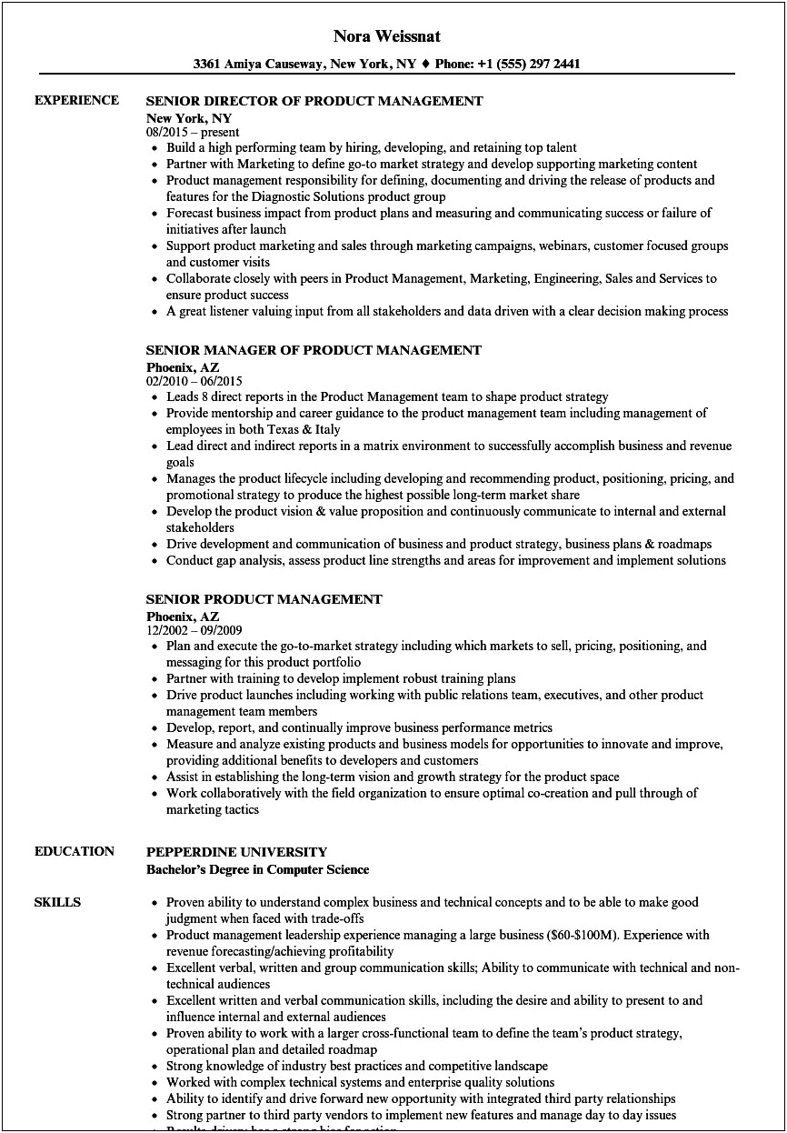 Head Of Product Management Resume