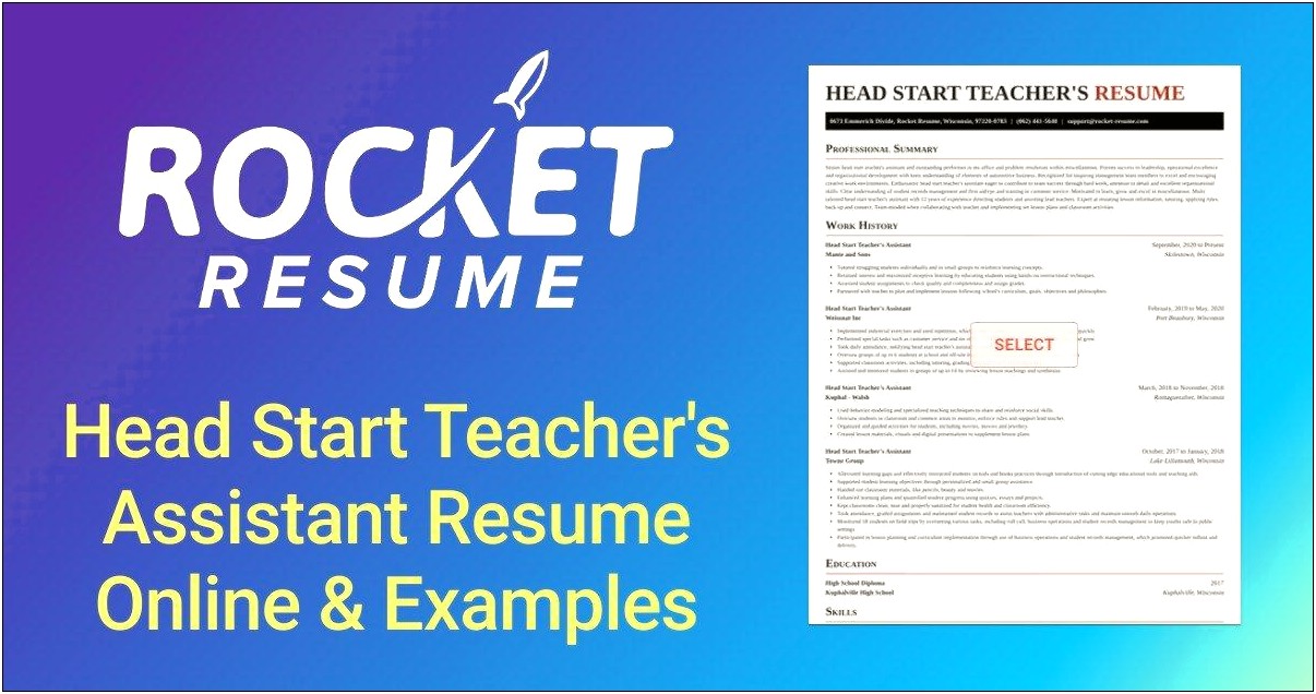 Head Start Assistant Teacher Resume Sample